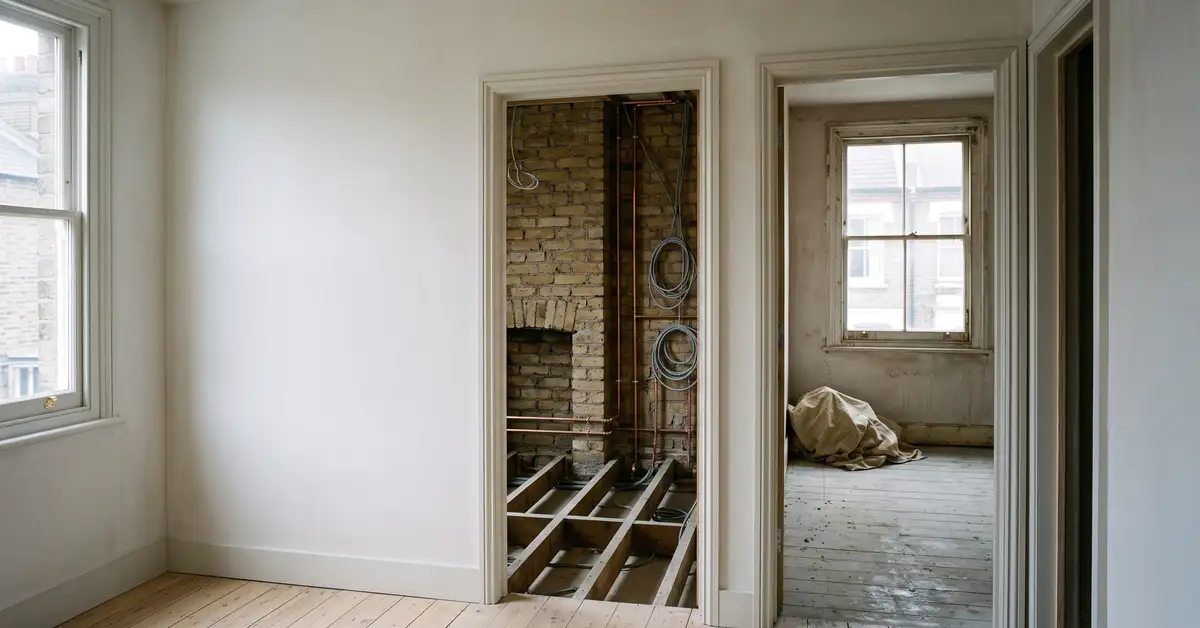 The inside of a London Victorian terraced house part way through a whole-house renovation, seen through successive door openings so a finished room, a room at first fix and a stripped-out room are all visible at once.