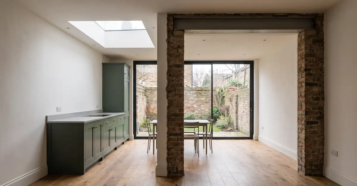 A rear kitchen extension on a London Victorian terrace, with glazed doors onto a small garden, plastered walls and a fitted kitchen along the flank wall.
