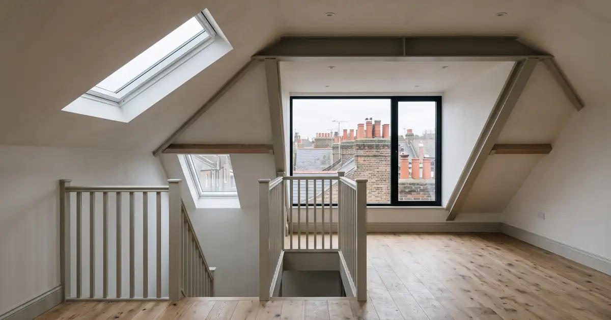 A newly completed dormer loft conversion in a London terraced house, with a plastered sloping ceiling, a rooflight in the front slope and a dormer window at the rear.