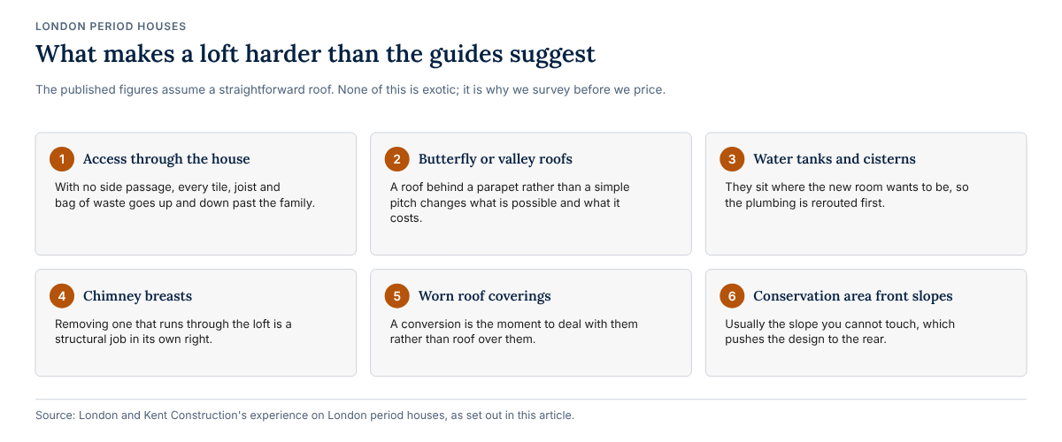 Six things that make a London loft conversion harder than published guides suggest: access through the house, butterfly or valley roofs behind a parapet, water tanks and cisterns in the way, chimney breasts running through the loft, roof coverings at the end of their life and conservation area front slopes that cannot be altered.