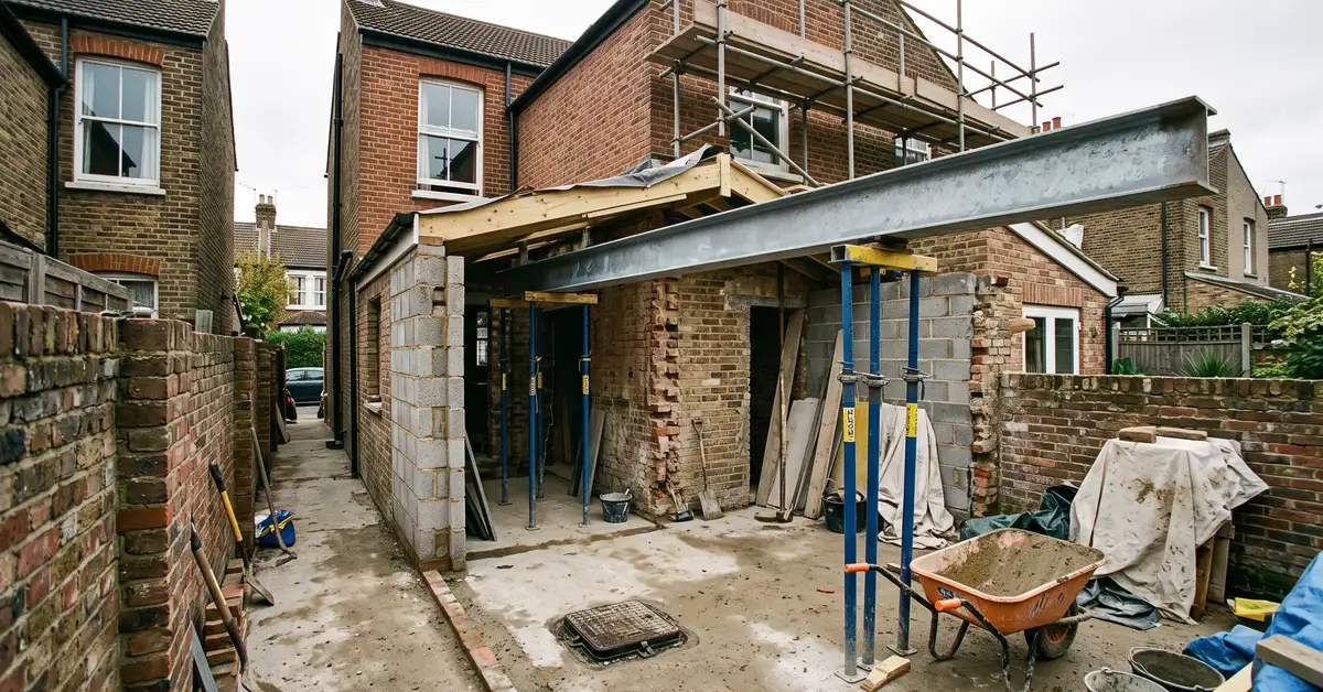 A side return infill extension under construction on a London Victorian terrace, with a steel beam in place over the opened rear wall and the narrow side passage filled in.