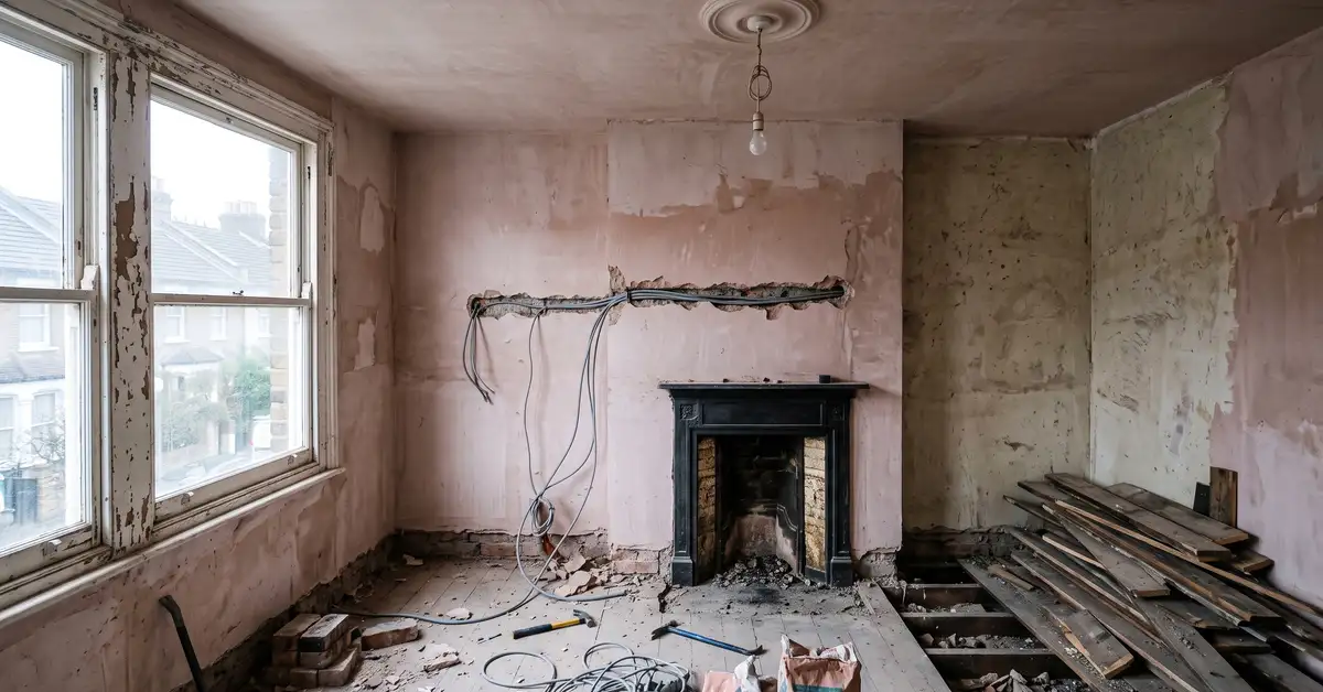 A stripped back room in a London period house part way through renovation, with bare plaster, exposed floorboards and new electrical cables chased into the wall.