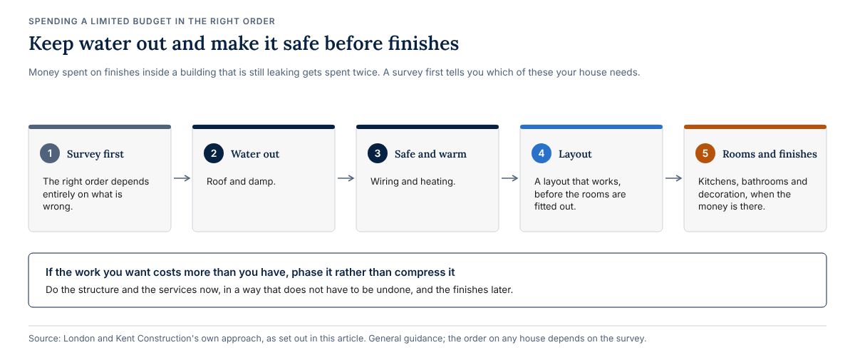 Five steps for spending a limited renovation budget in order: survey first, then keep water out with the roof and damp, then make the house safe and warm with wiring and heating, then the layout, and finally kitchens, bathrooms and decoration. If the work costs more than the budget, phase it rather than compress it.