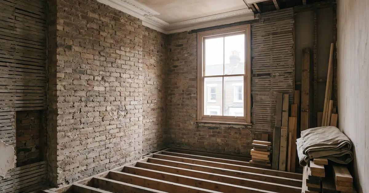 A ground floor room in a period London house stripped back to bare stock brick and exposed floor joists, with daylight coming through a tall sash window.