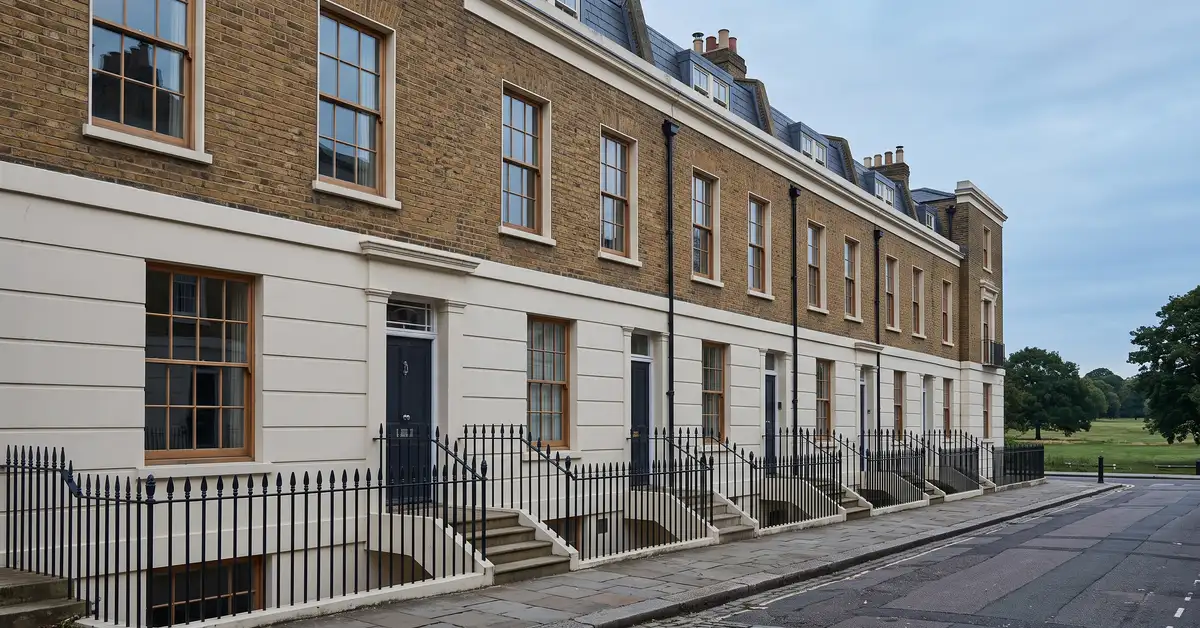 A terrace of Georgian and early Victorian London townhouses with stucco ground floors, iron railings and front steps, with parkland visible at the end of the street.