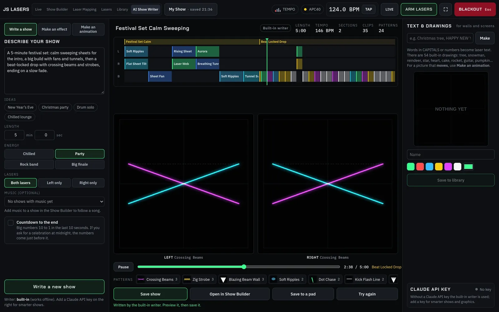 AI Show Writer showing a generated festival show timeline with left and right laser previews of crossing beams
