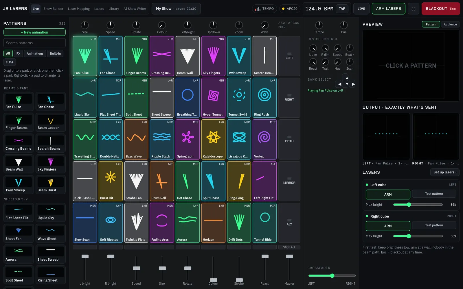 JS Lasers Live screen: an on-screen APC40 MK2 with 40 colourful effect pads, faders, knobs and live output previews for the left and right lasers