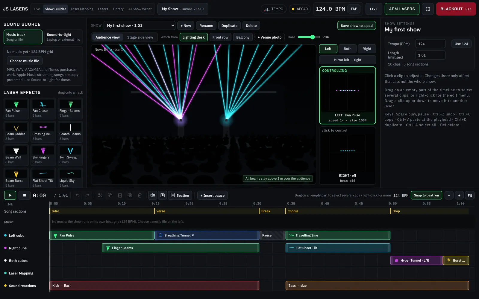 JS Lasers Show Builder with a 3D audience view of two lasers fanning beams over a crowd, and a timeline of laser effects below