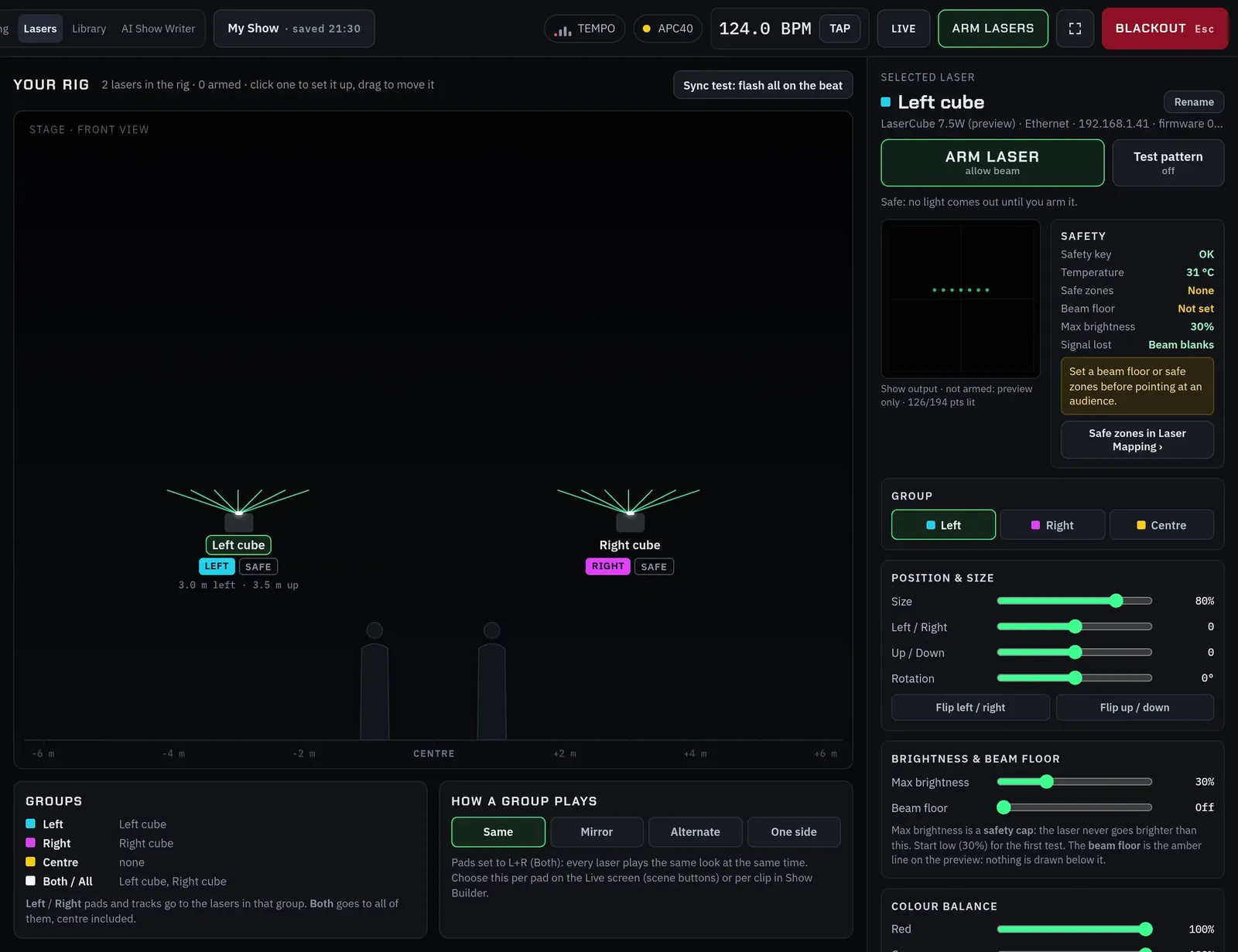 Lasers screen: two LaserCubes in the rig, with arming, safety status, position, size and brightness settings for the selected laser