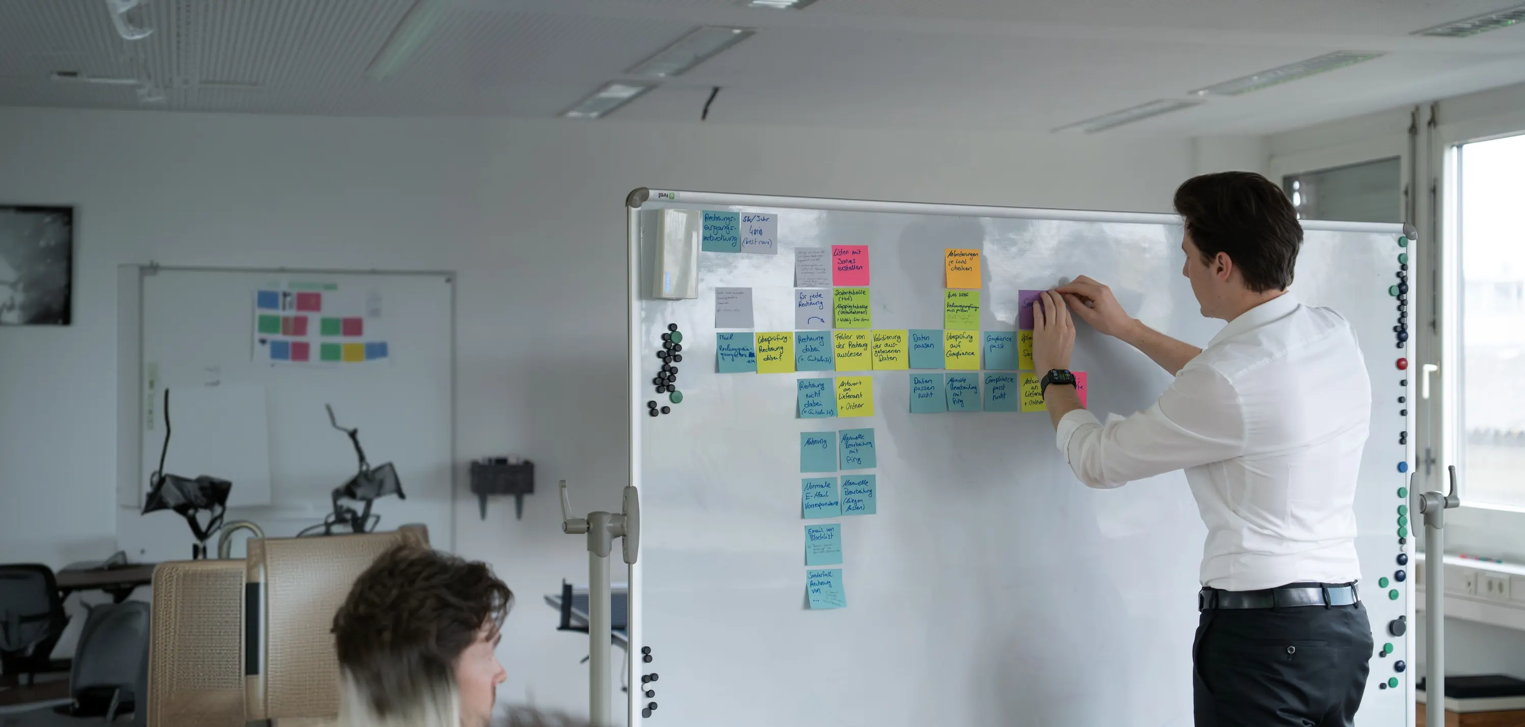 Berater ordnet Prozessschritte mit Haftnotizen am Whiteboard