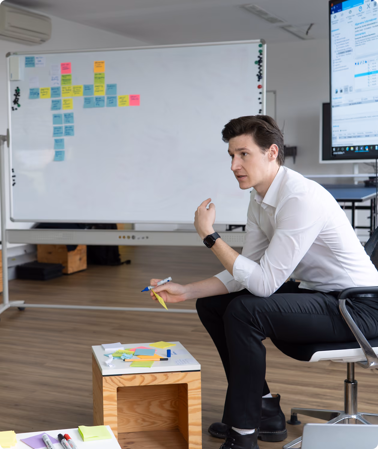 Berater erläutert Prozessschritte am Whiteboard
