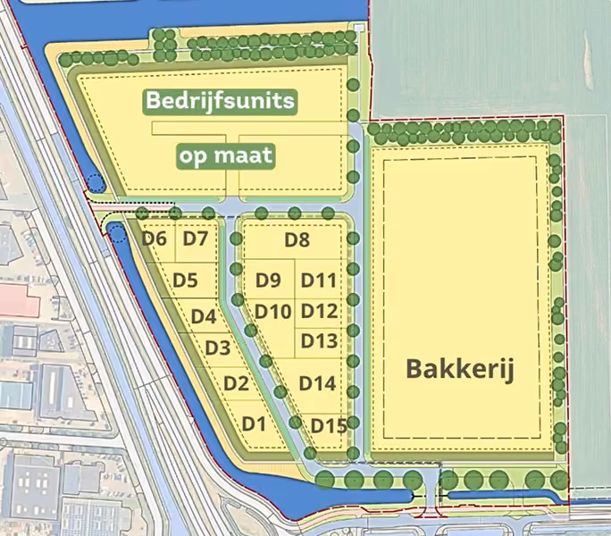 Site plan showing a layout with labeled business units (D1 to D15) on the left side under 'Bedrijfsunits op maat' and a larger rectangular area labeled 'Bakkerij' on the right, bordered by trees and water channels.