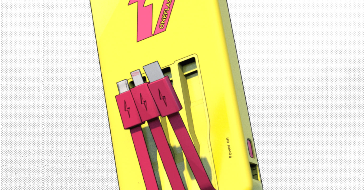 OneFlash power bank with 3 cables on a white background