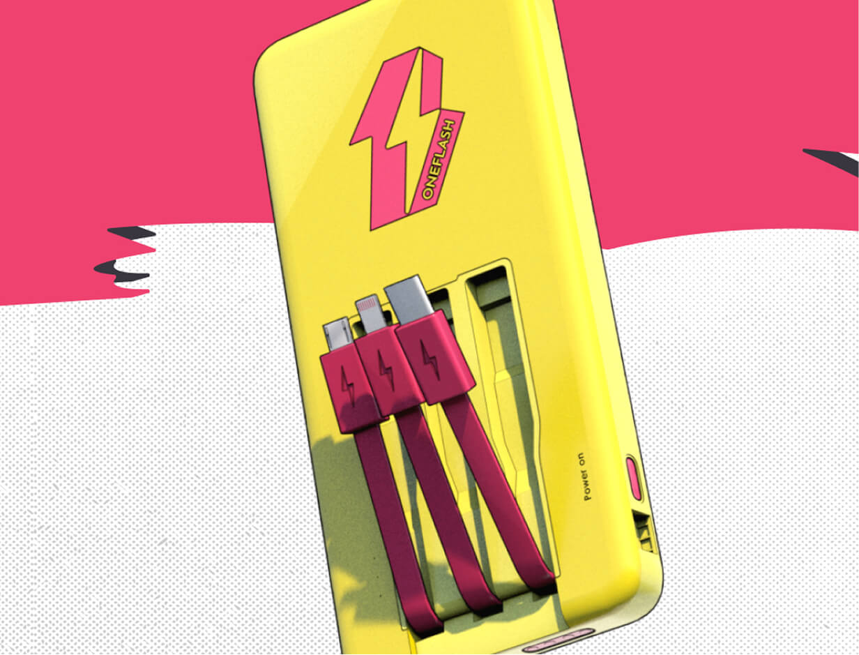 OneFlash power bank on a white and pink background