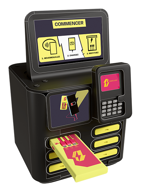 Black OneFlash station with a screen showing power bank rental instructions.