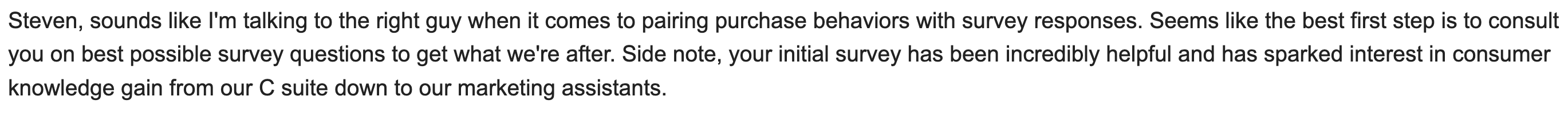 Email from Clay Tucker about pairing purchase behaviors with survey responses