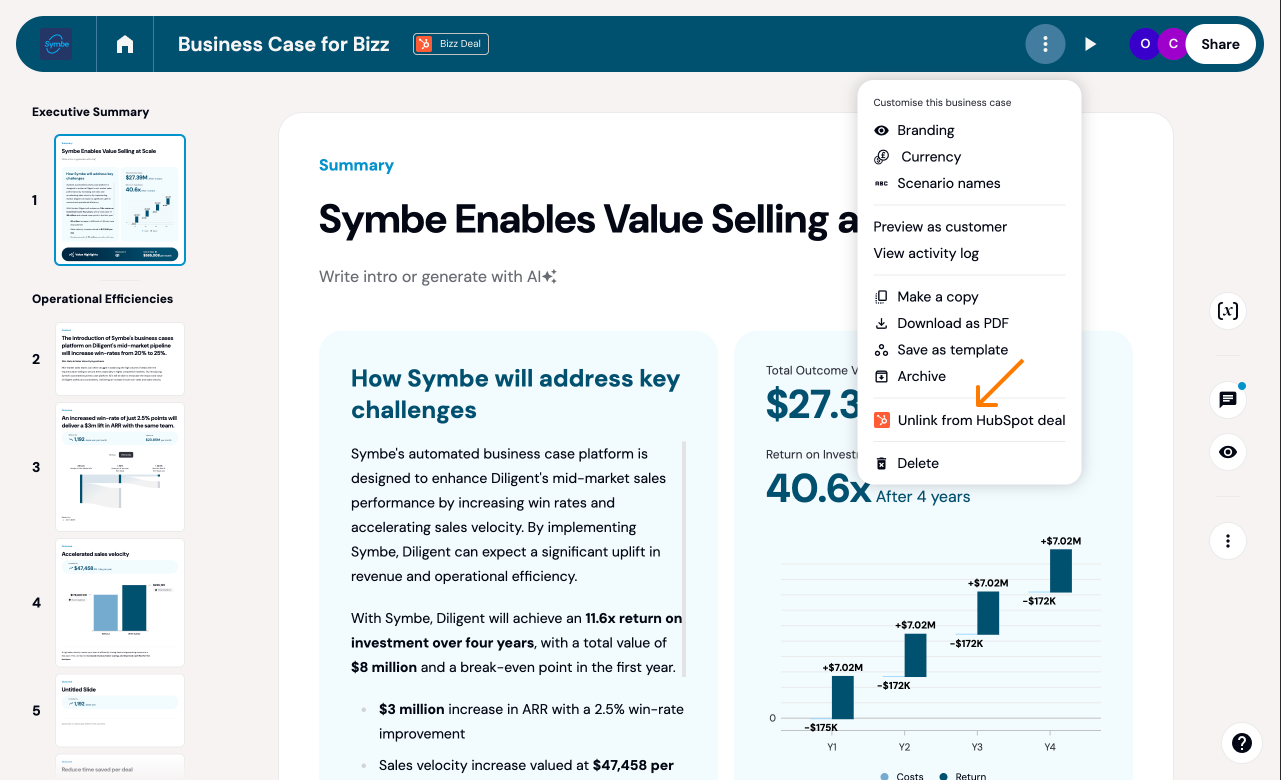 Unlink a business case from a deal