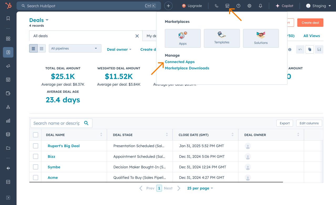 Go to HubSpot and select Marketplace >Connected Apps.