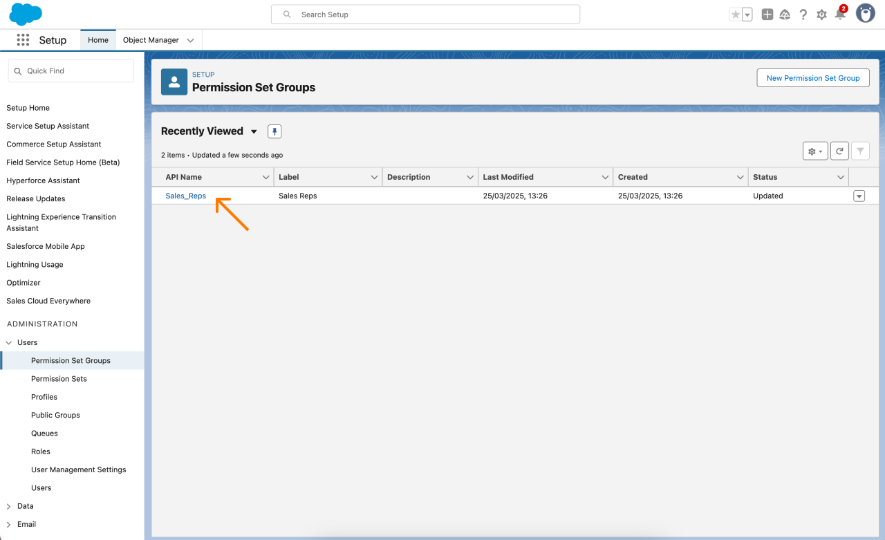 In Salesforce, select Setup >Users > Permission Set Groups then select the group for which you want to grant the Symbe Permission Set.