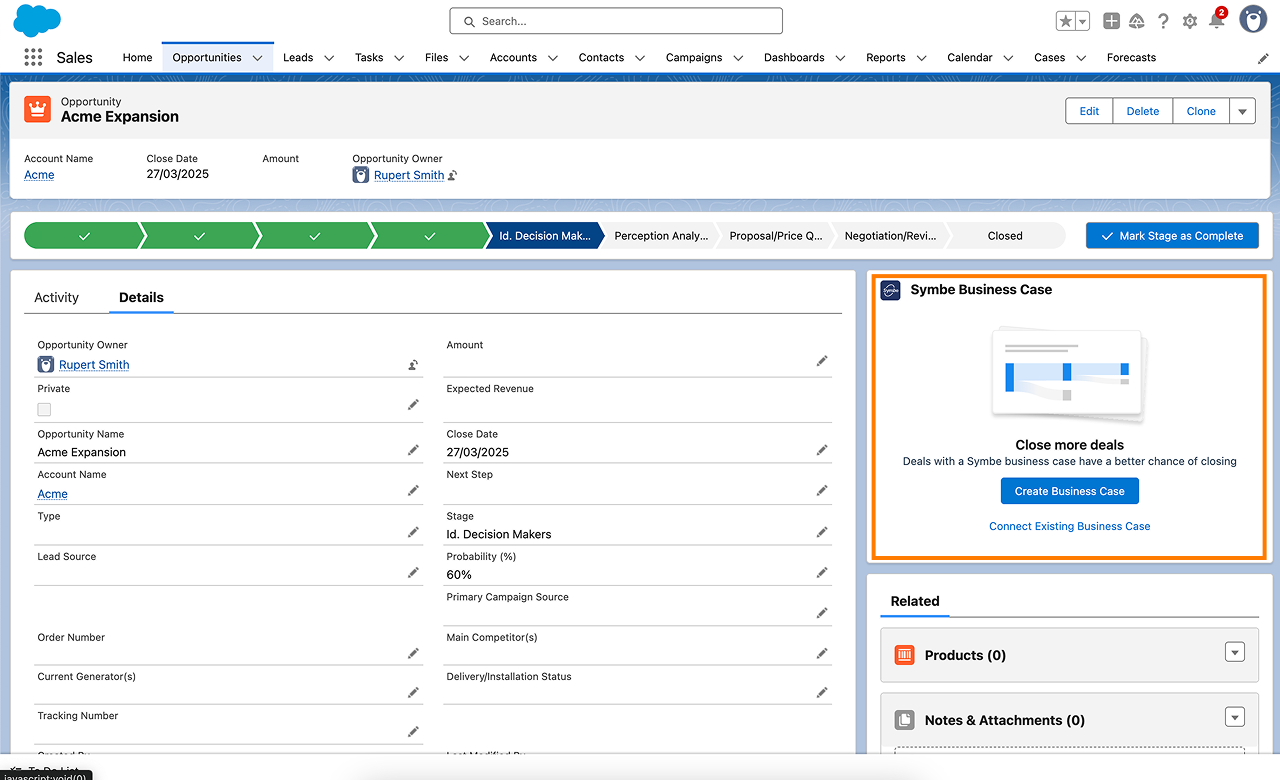 Create a new business case that is automatically linked to the opportunity