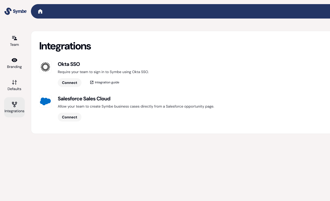 In Symbe, go to Settings >Integrations, scroll to the Okta SSO integration and select 'Connect'.