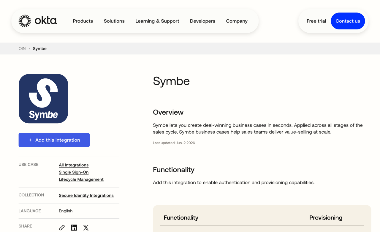 In Okta, go to Applications >Browse App Catalog. Search for Symbe and select 'Add this integration'.