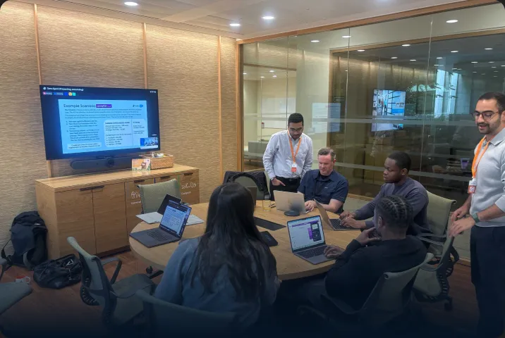 The Symbe team collaborating around a meeting table