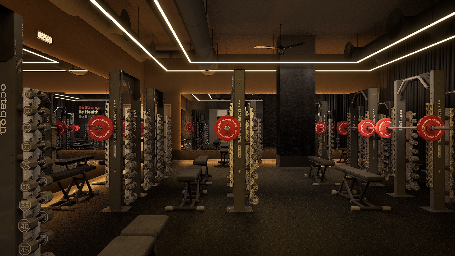 Individual squat racks and dumbbells in the LF3 strength studio
