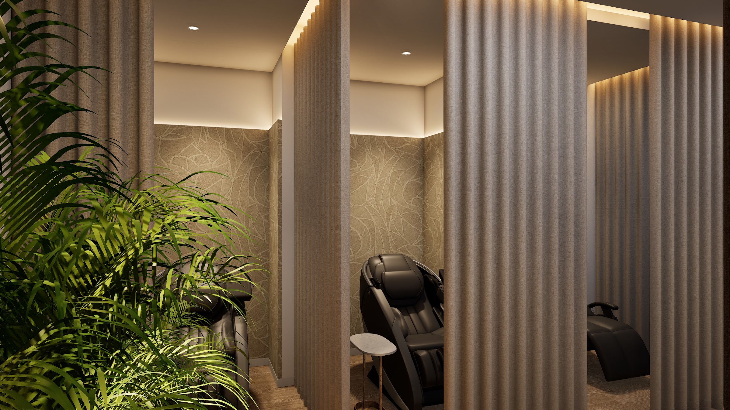 A massage chair under red light in The Haven