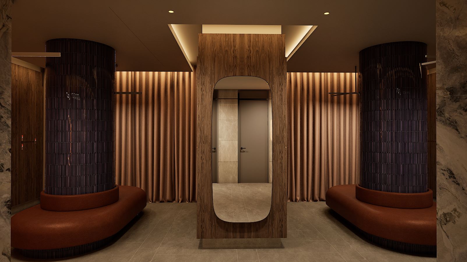 The changeroom lounge, with curved seating around a tiled column