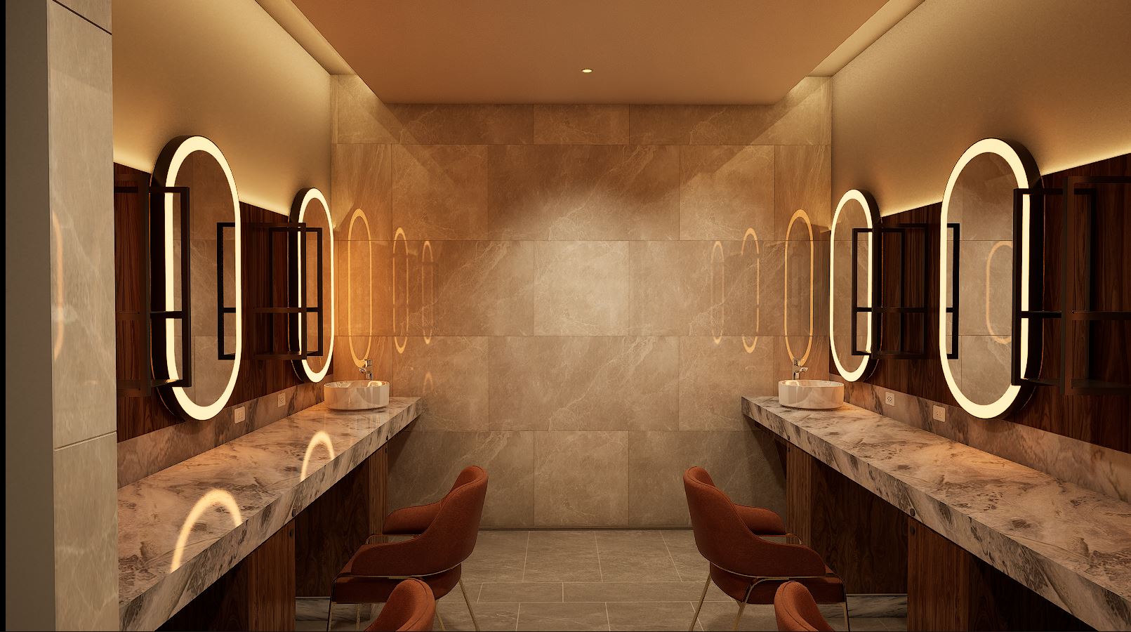 The AVANT changeroom vanity with backlit mirrors and marble counters