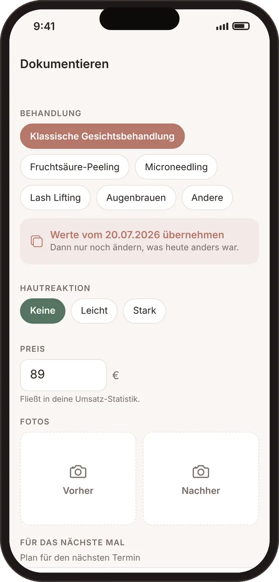 Behandlung dokumentieren mit Vorlage und Preis