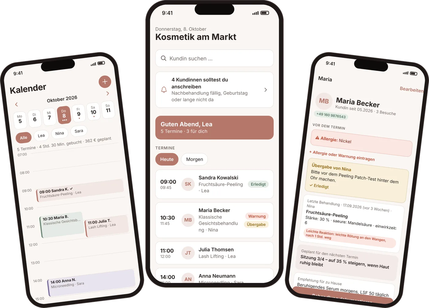 Die App Der Kosmetiker auf drei iPhones: Kalender, Tagesübersicht und Kundenakte