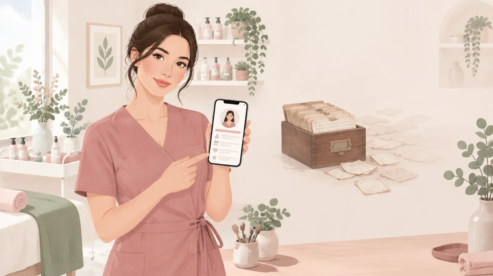 Kosmetikerin mit digitaler Kundenakte auf dem iPhone