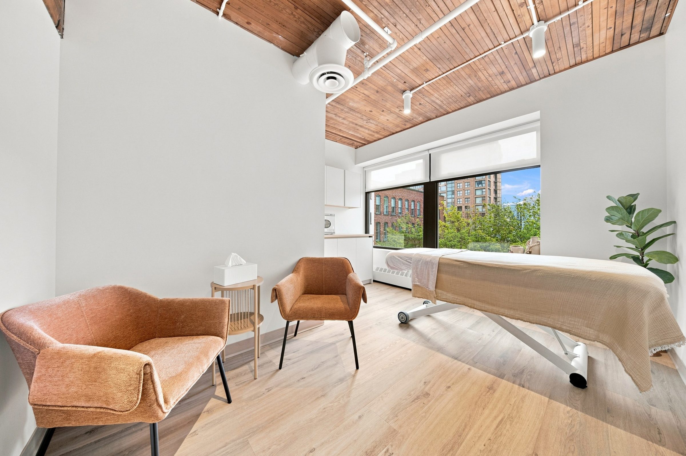 Two armchairs turned towards each other beside a window, where in-person sessions happen