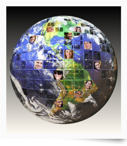 An illustration of the planet Earth shaped like a tiled, mosaic sphere, featuring diverse individual faces embedded within many of the square tiles.