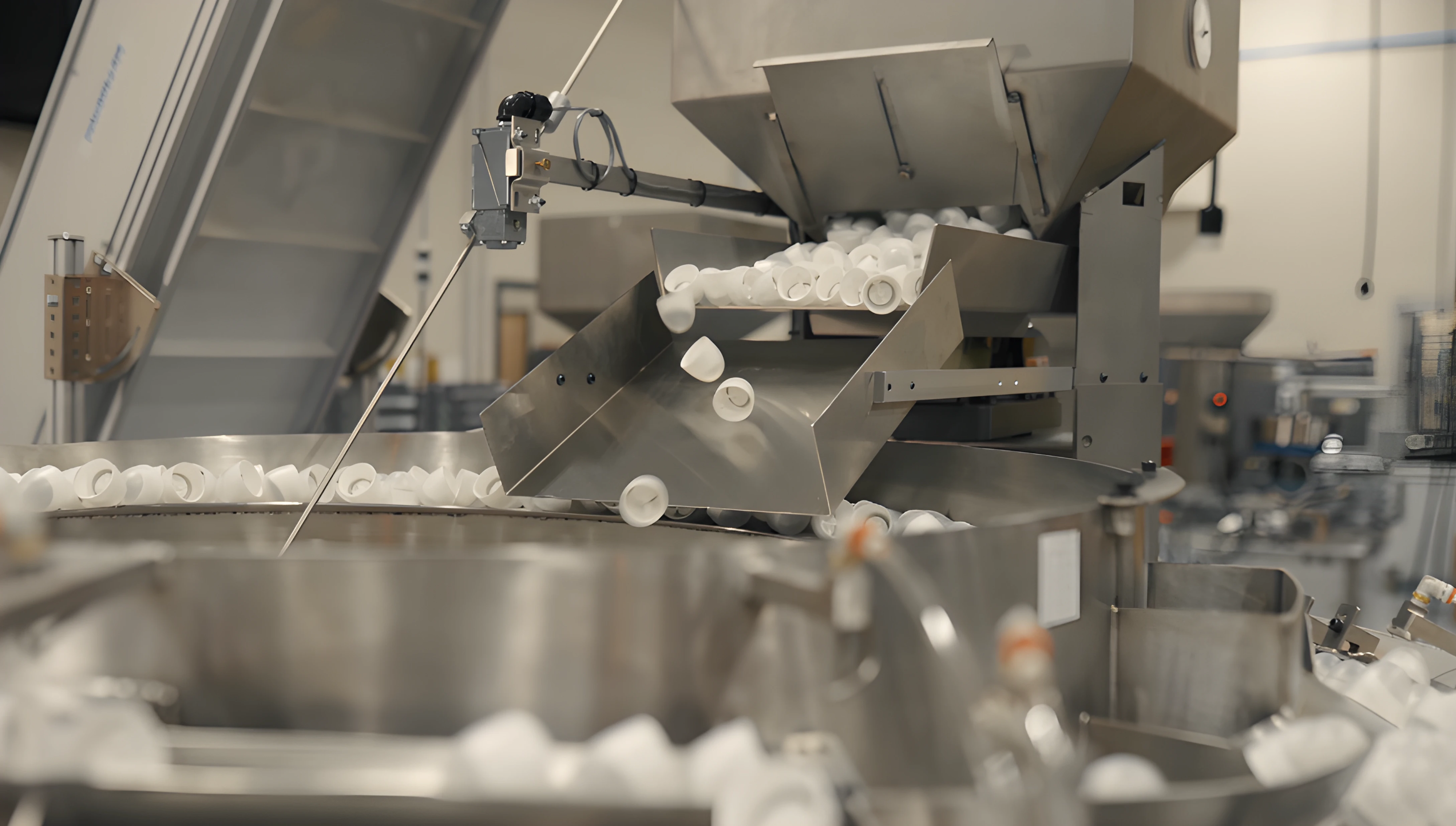 Hopper feeding white caps into a feeder system