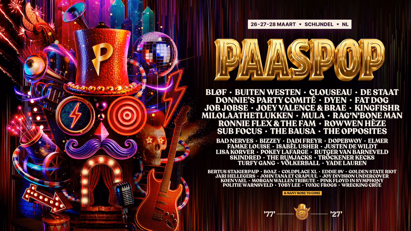De line-up-poster van Paaspop 2027 met de eerste 50 namen