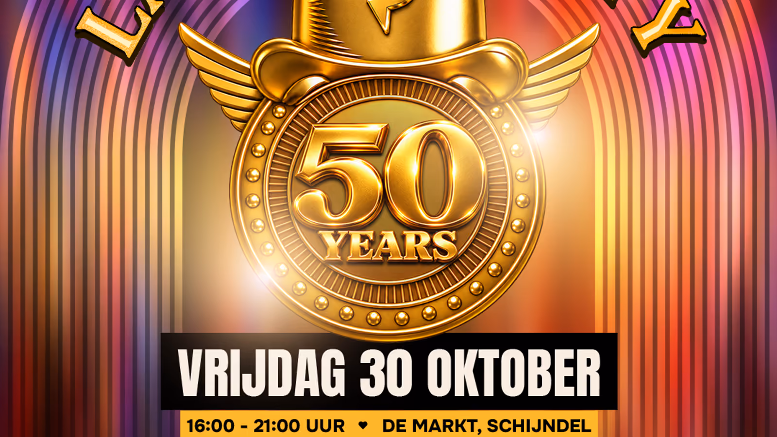 Poster van de Paaspop 50 Jaar Launch Party op vrijdag 30 oktober op de Markt in Schijndel