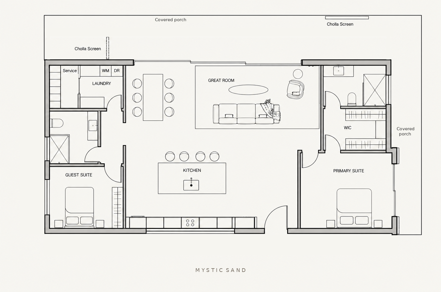 Floor plan of Shadow Wash Pavilion by Mystic Sand in Twentynine Palms, showing two bedrooms, two bathrooms, an open living and kitchen area, and covered terraces.