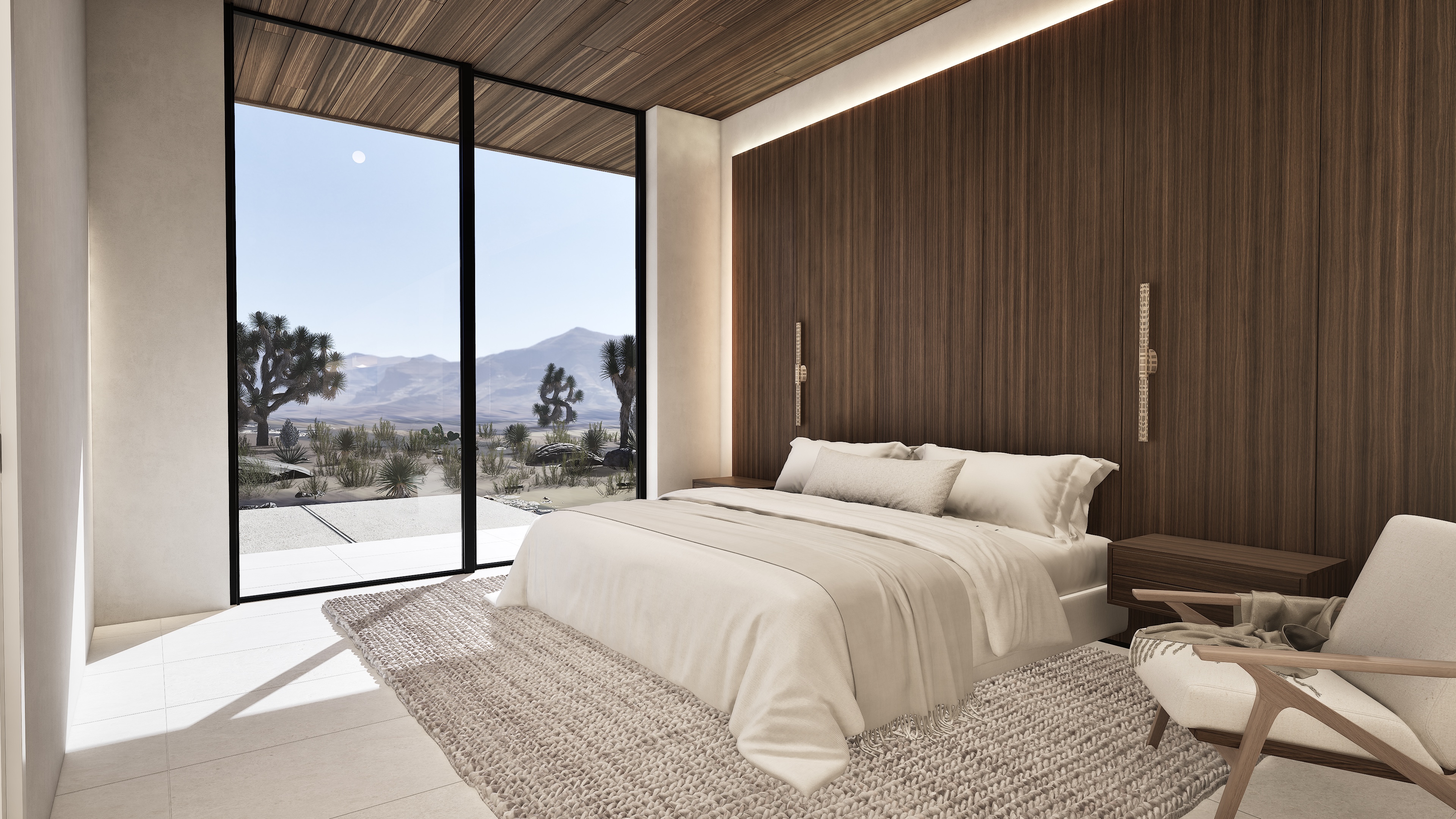 Bedroom at Shadow Wash Pavilion by Mystic Sand, with timber walls, pale bedding and full-height glazing framing desert mountains.