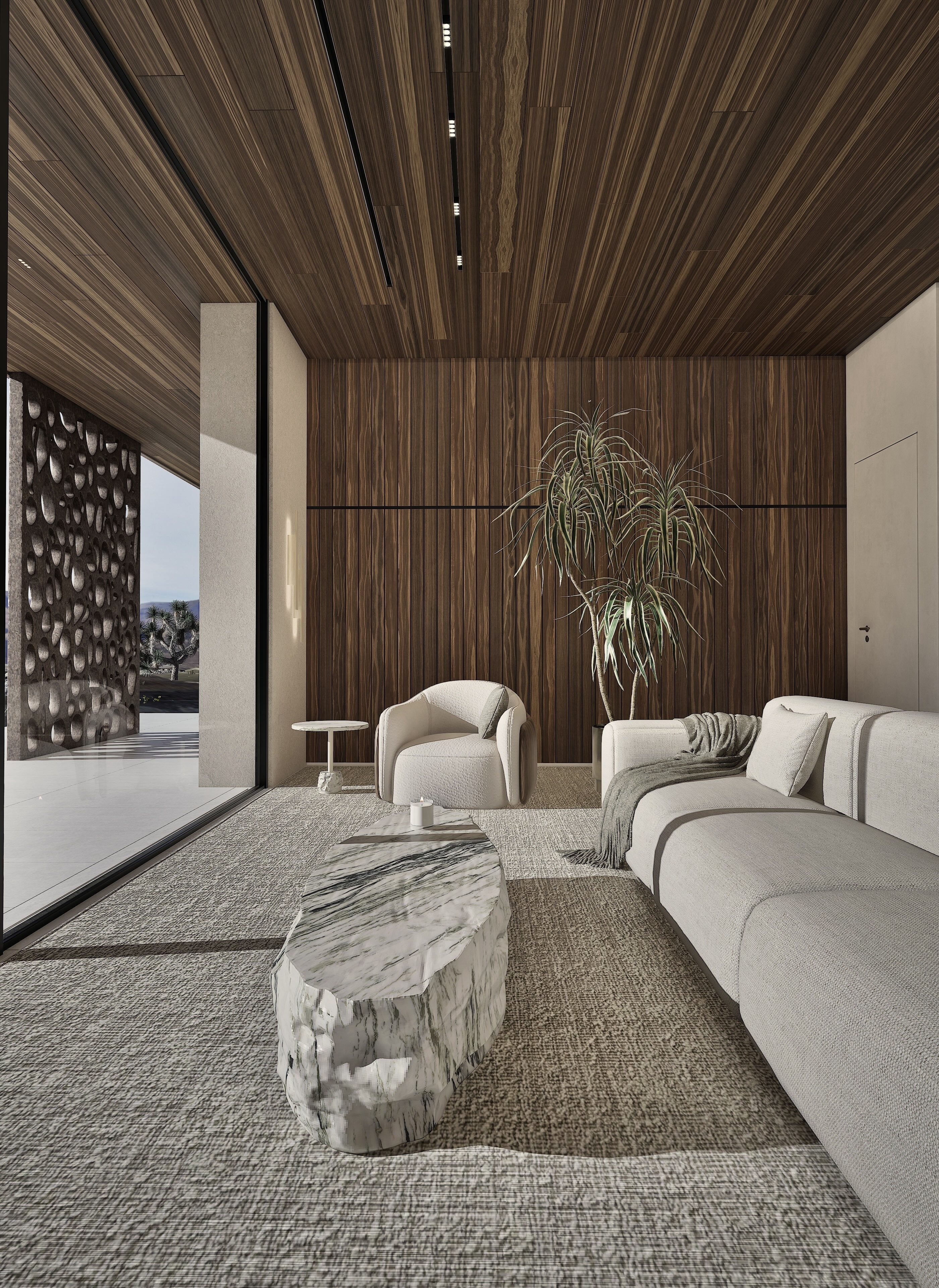 Living room rendering at Shadow Wash Pavilion by Mystic Sand in Twentynine Palms, with timber walls and ceiling, a pale sofa and a sculptural stone coffee table.