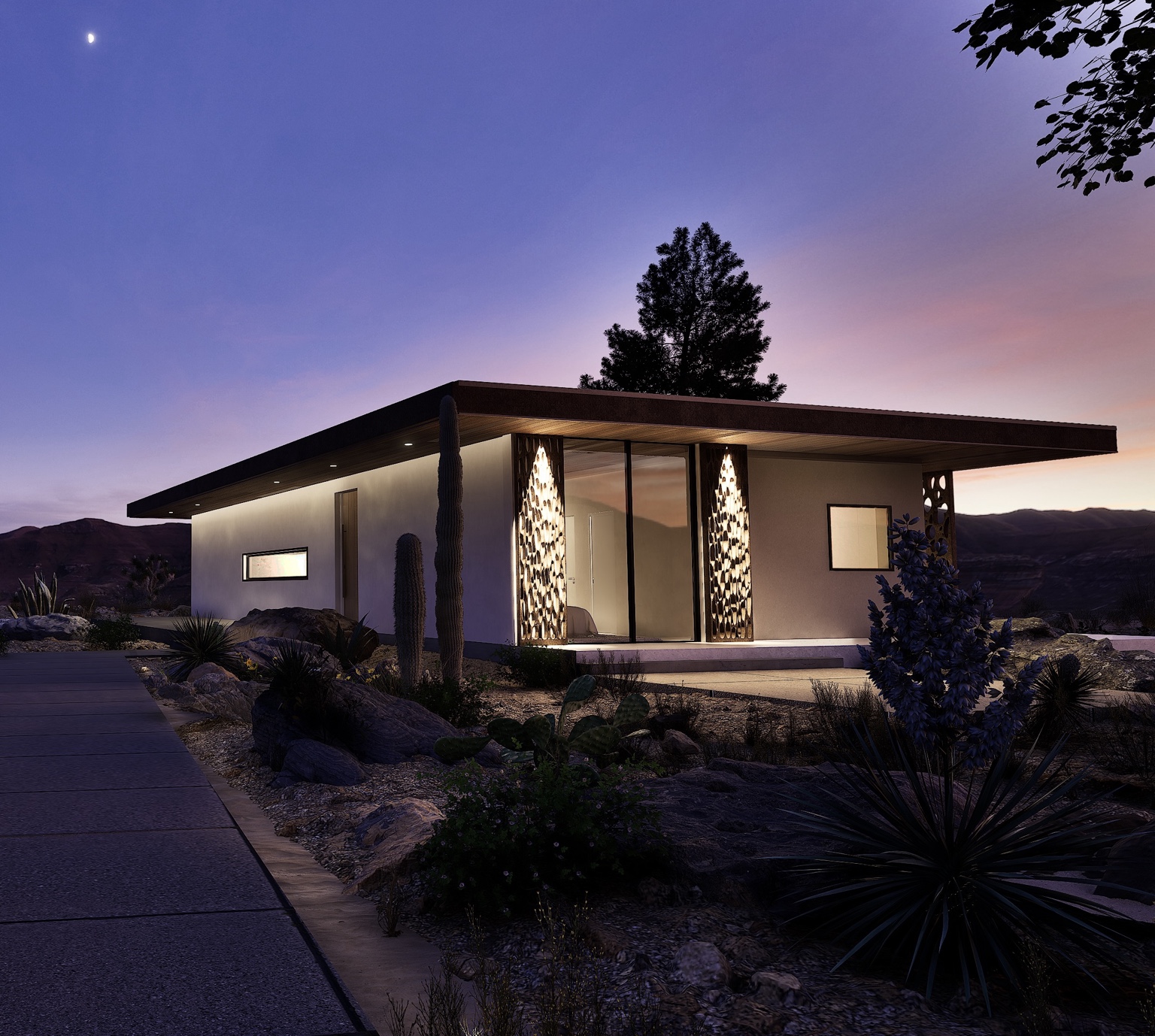 Shadow Wash Pavilion at twilight, with illuminated sculptural screens and desert landscaping.