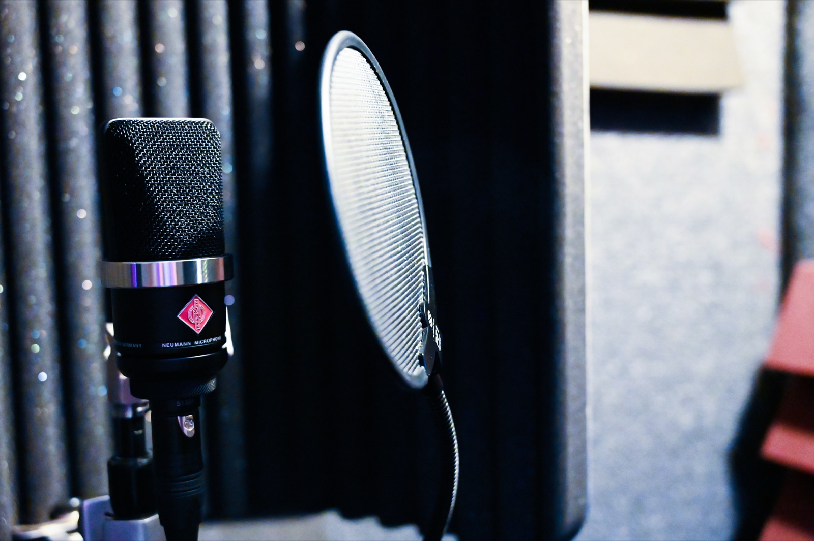 A Neumann condenser microphone with a pop filter in a vocal booth
