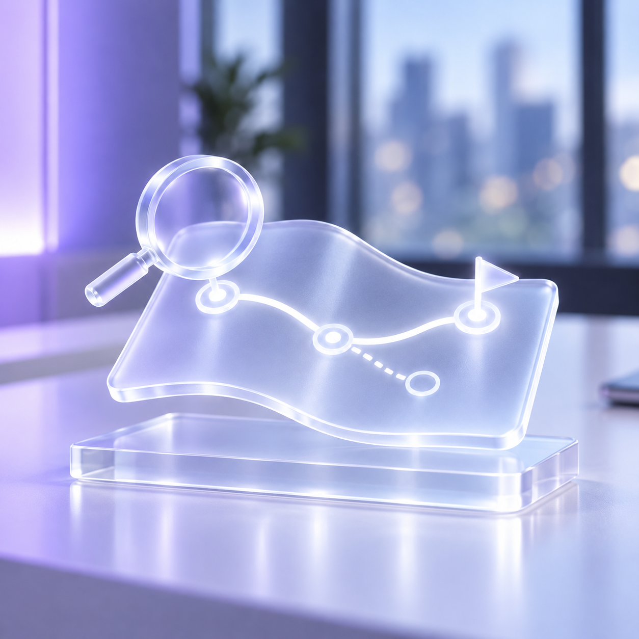 Glass roadmap and magnifying lens representing advisory and discovery