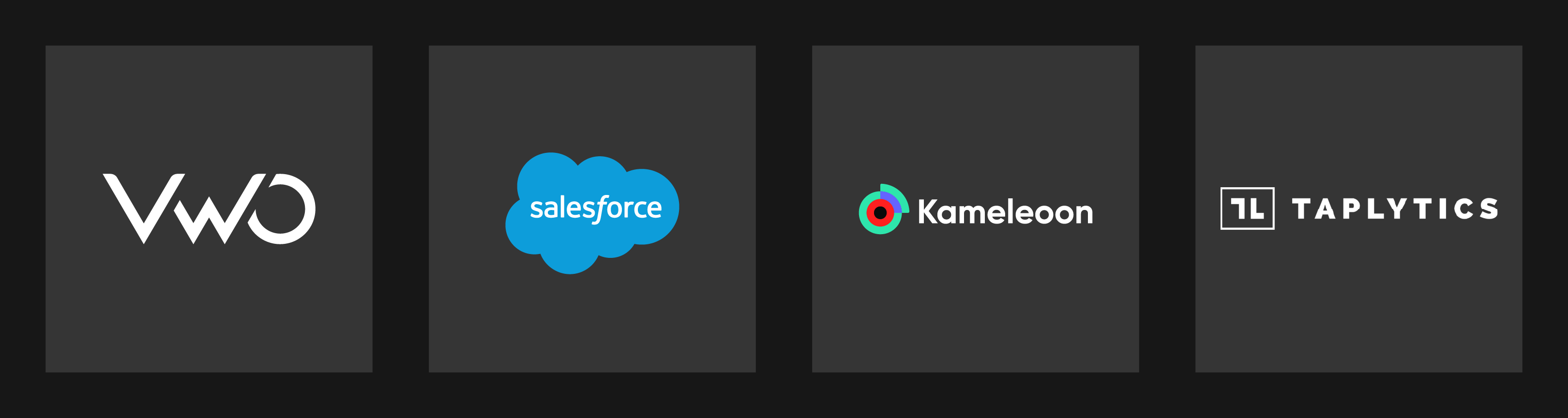 Logos for VWO, Salesforce, Kameleon, and Taplytics