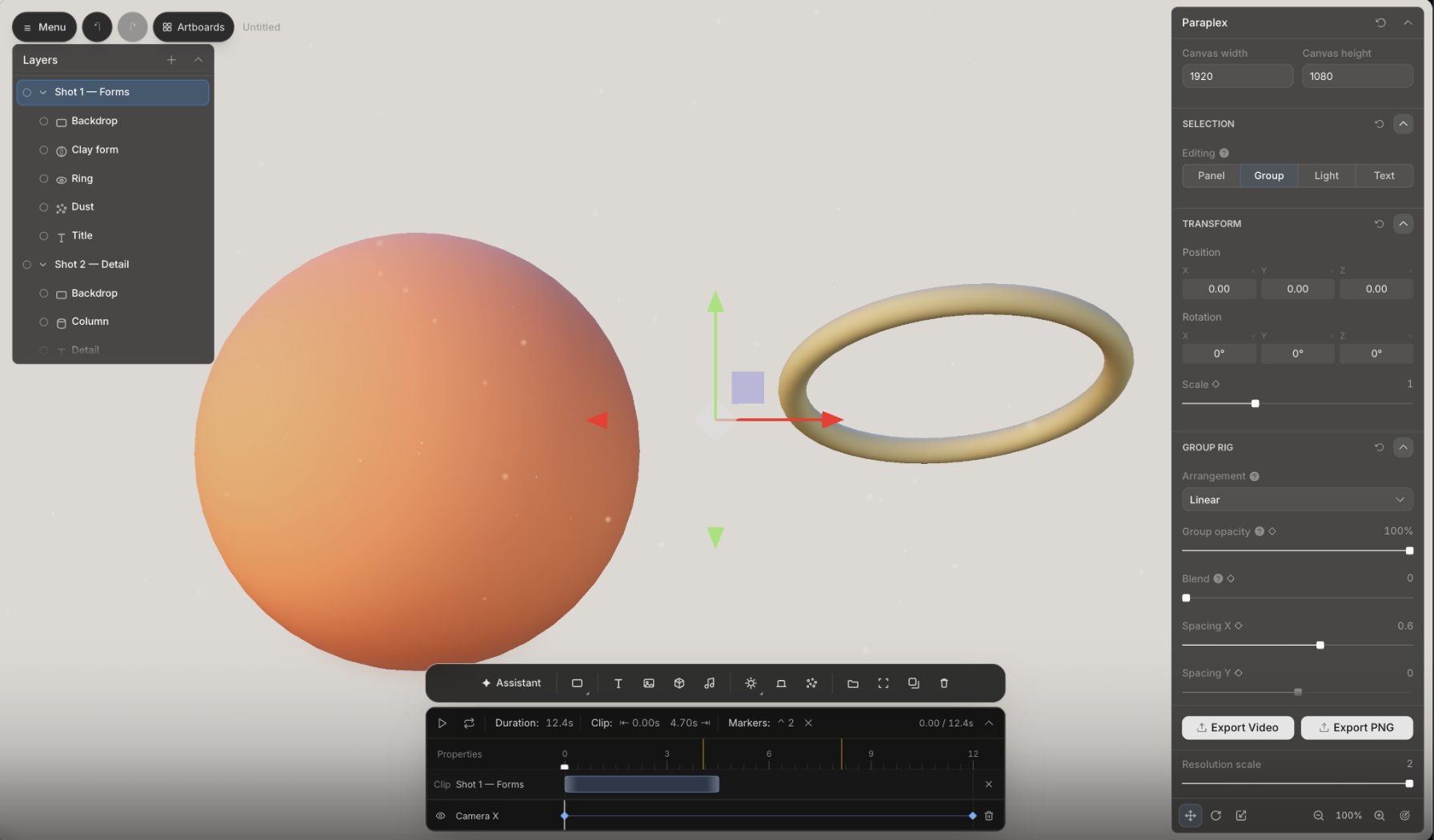 A clay sphere and a ring lit by a soft studio environment, with the group rig panel open