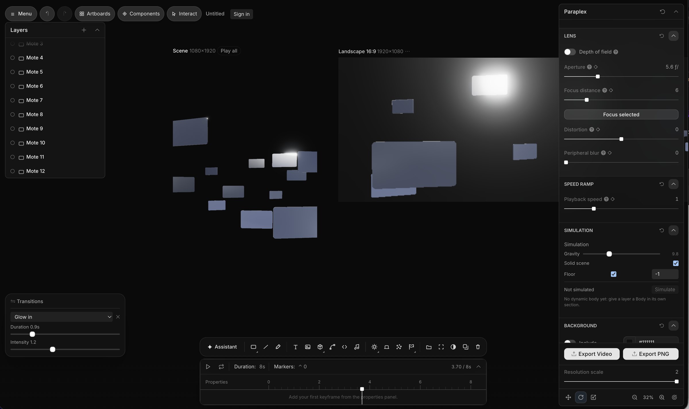 The lens panel: depth of field, aperture, focus distance, distortion and speed ramp controls beside a scene of floating panels