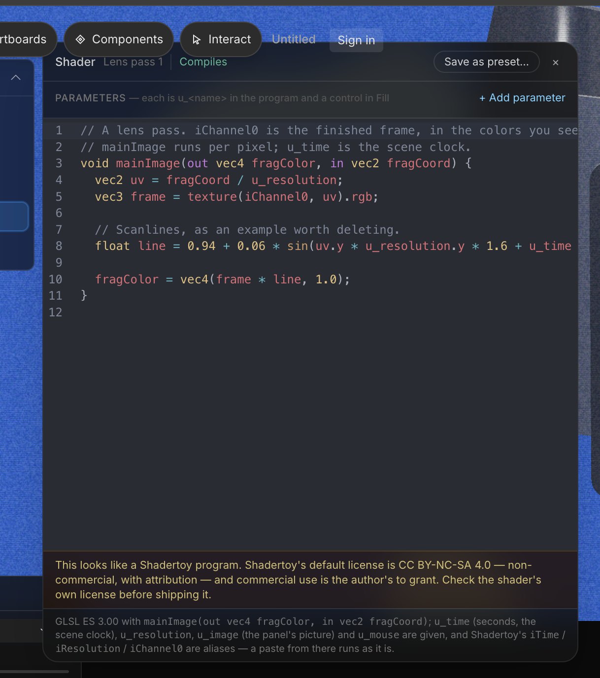 The shader editor with a GLSL lens pass and a note that Shadertoy programs run as-is