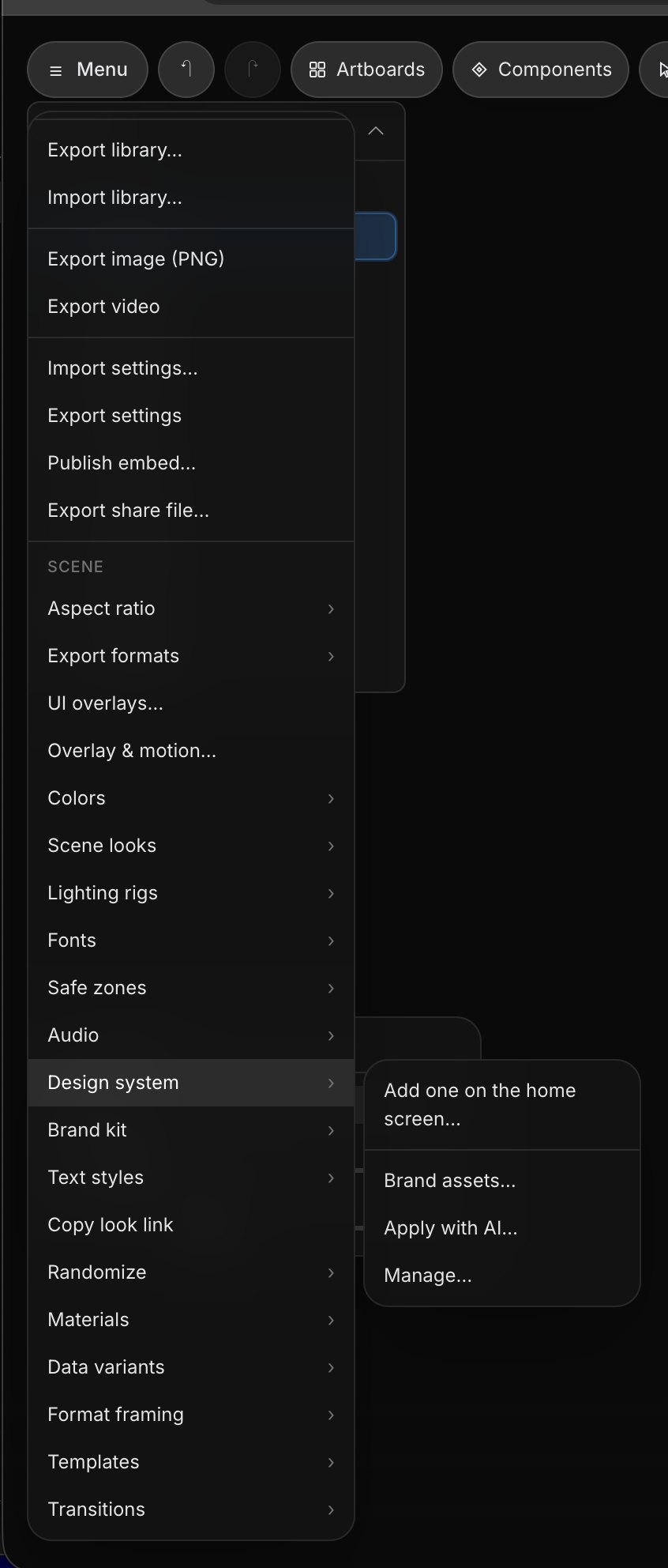 The scene menu with the Design system submenu open: add one on the home screen, brand assets, apply with AI, manage